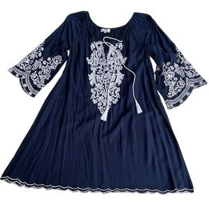 Navy Blue Dress/ Coverup with White Embroidery and 3/4 Bell Sleeve Size S